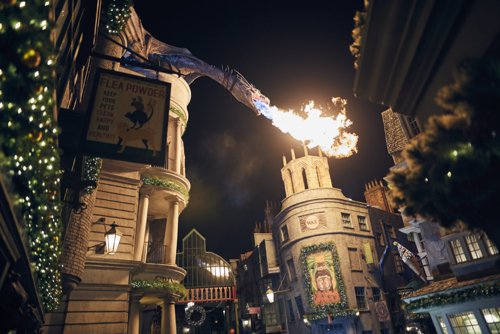 Diagon Alley at night with holiday decor